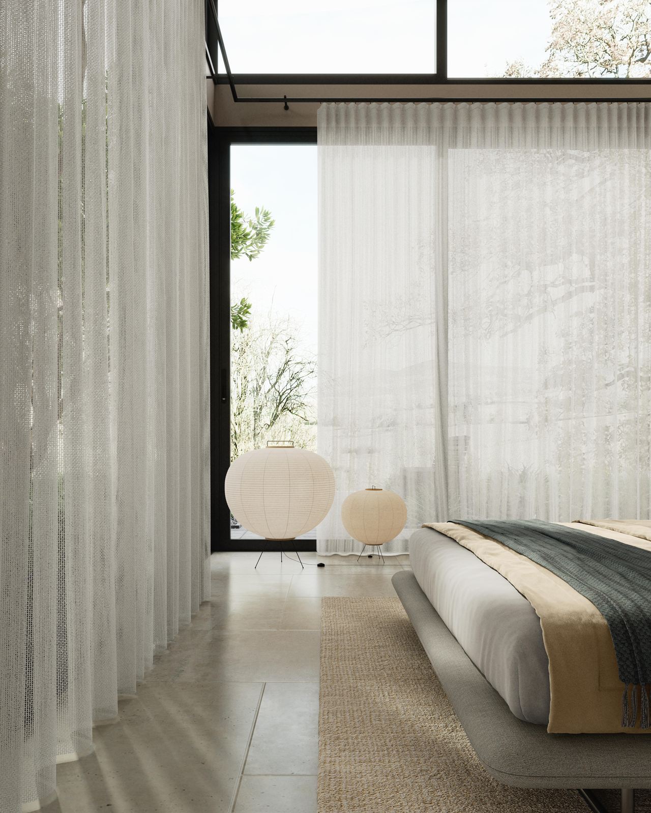 Leichte Vorhänge im Schlafzimmer mit großen Fenstern, Camana Collection